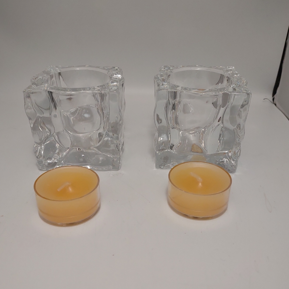 Partylite Glacier Ice Cube Votive Candle Holders Set of 2 w/ Bonus Candles 2 1/2